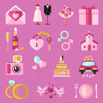 Flat design vector icons set of wedding or marriage. Invitation, bridal bouquet, rings, champagne, bride and groom clothing, cake, gift box, lock and key, birds, car, food, church, camera.