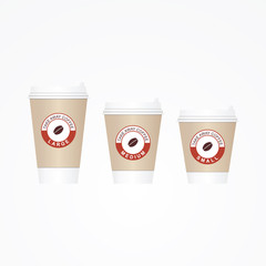 Coffee on the go cups. Different sizes of take away paper coffee cups vector illustration.