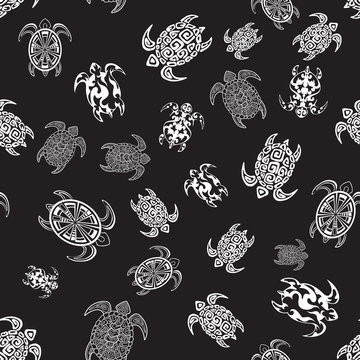 White turtles on the black background. Seamless pattern 