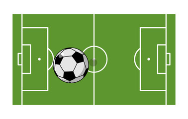Football field and ball. Soccer game. Game ball high above groun