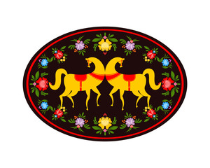 Gorodets painting yellow horse and floral elements. Russian nati