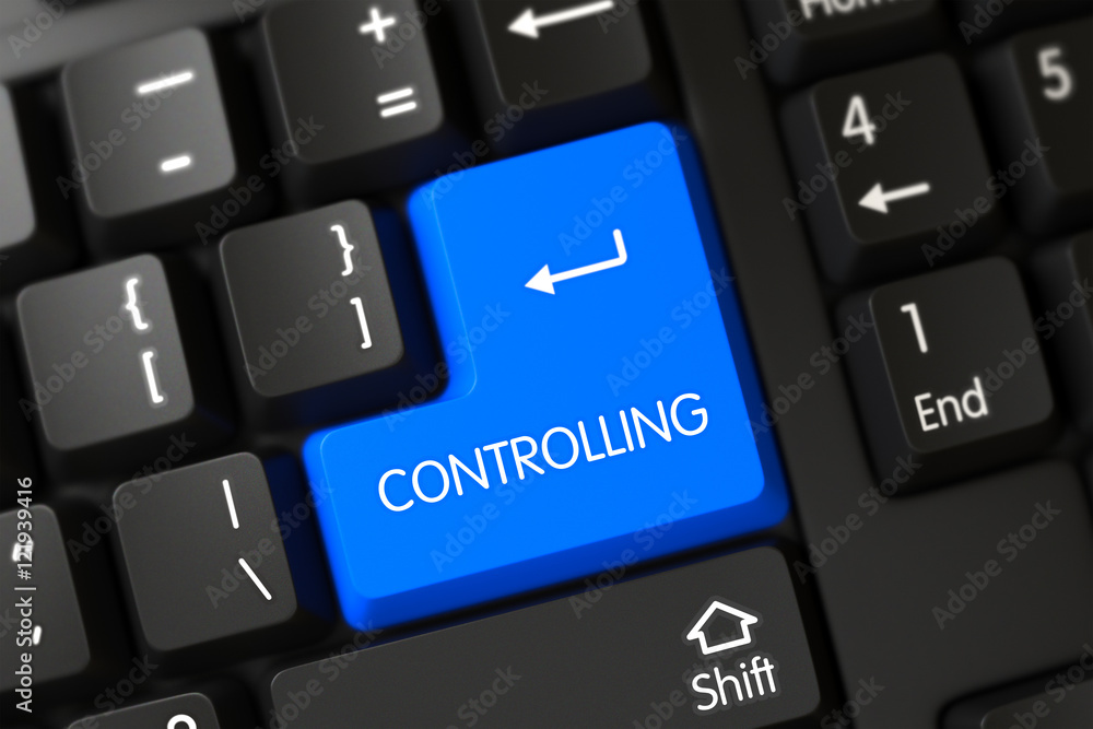 Poster controlling closeup of blue keyboard button. 3d.