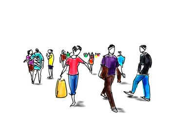 group of walking free hand sketch