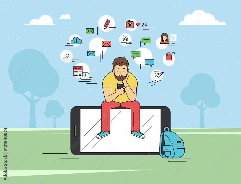 Poster young man sitting on the big smartphone and texting messages using smartphone. flat modern illustrat