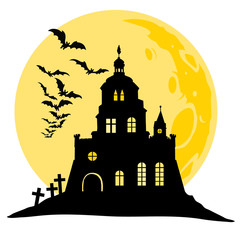 Haunted house. Halloween castle black silhouette with bats and full moon vector illustration