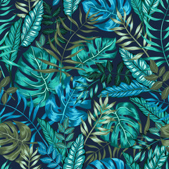 Naklejki  bezszwowe graficzne artystyczne tropikalnej natury wzór dżungli, nowoczesny stylowy tło liści na całej powierzchni z rozszczepionym liściem, filodendronem, liściem palmowym, liściem paproci