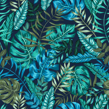 seamless graphical artistic tropical nature jungle pattern, modern stylish foliage background allover print with split leaf, philodendron, palm leaf, fern frond