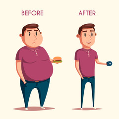 Man before and after sports. Cartoon vector illustration