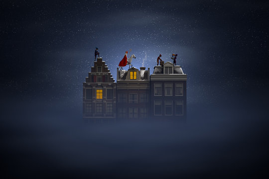 Sinterklaas and the Pieten on the rooftops at night
