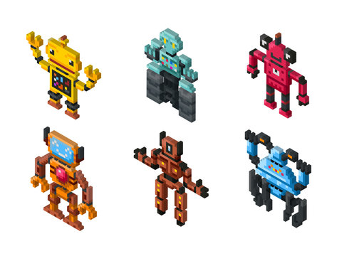 Isometric vector robot toys on white background