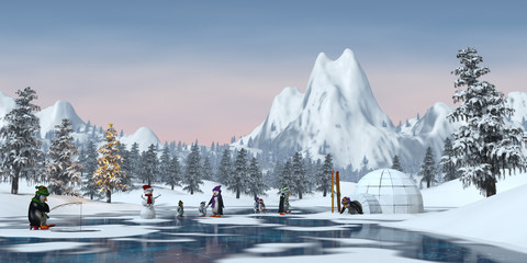 Penguins in a snowy Christmas mountain landscape, 3d render