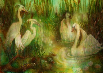 pair of swans and crane birds at pond surrounded with reeds, fairytale illustration