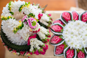 thai dowry tray decorated with flower garland (soft focus)