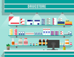 Modern interior pharmacy or drugstore.