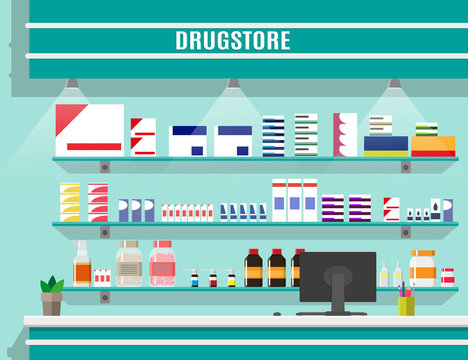 Modern interior pharmacy or drugstore.