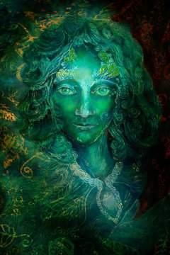 Beautiful fantasy emerald green fairy portrait, colorful close up painting, eye contact