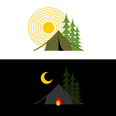 Camping day and night. Landscape with tent and forest. Accommoda