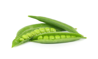 Green pea pods on a white background