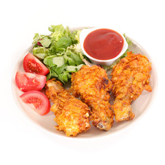 fried chicken with salad and tomato
