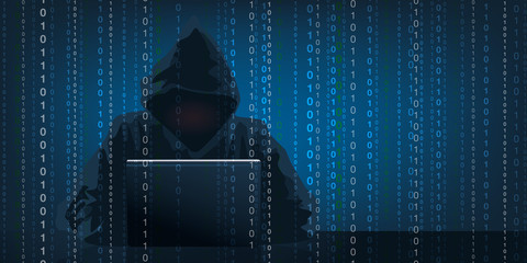Concept du piratage informatique avec un hacker qui récupère des données confidentielles en camouflant son visage sous une capuche.