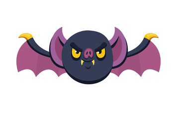 Halloween angry bat with open wings in cartoon and flat icon style for festive design