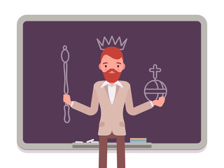 Man against the blackboard with drawn king. Cartoon vector flat-style concept illustration