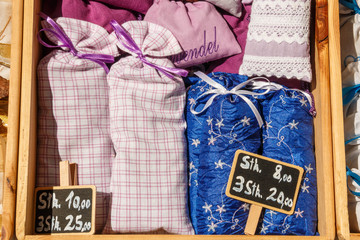 Dried lavender flowers in cute textile sachets.  Lavender fragra
