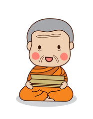 Buddhist monk reading scriptures vector illustration. Isolated on white background.