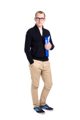 young man student or office worker standing isolated on white