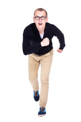 front view of cheerful young man student or office worker runnin