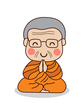Buddhist monk sitting salute vector illustration. Isolated on white background.
