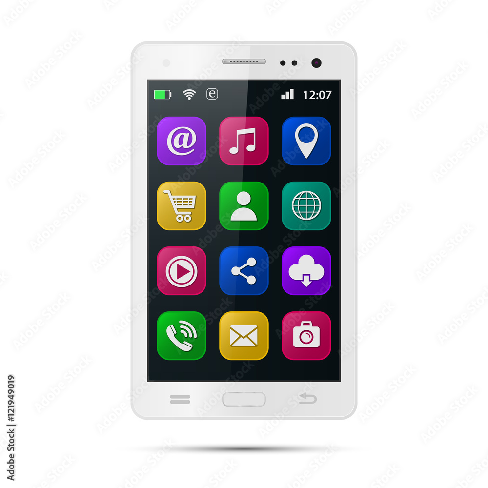 Poster realistic smartphone with app icons. touchscreen smartphone with colorful social media application i