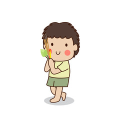 Buddhist boy walking with lighted candles in hand around a temple to pay respect to the Triple Refuges (Buddha, Dhamma, Sangha) vector illustration. Isolated on white background.