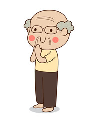 Buddhist elderly man standing and paying respect to the Buddha vector illustration. Isolated on white background.