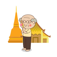 Buddhist elderly man walking with lighted candles in hand around a temple to pay respect to the Triple Refuges (Buddha, Dhamma, Sangha) vector illustration. Isolated on white background.