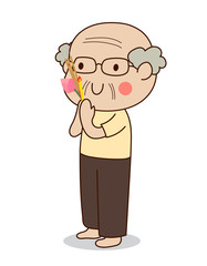 Buddhist elderly man walking with lighted candles in hand around a temple to pay respect to the Triple Refuges (Buddha, Dhamma, Sangha) vector illustration. Isolated on white background.