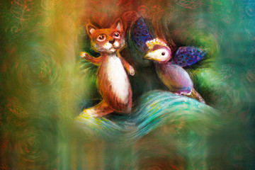 two animal puppets, fox and violet bird, on abstract background with text space
