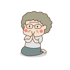 Buddhist elderly woman sitting and paying respect to the Buddha vector illustration. Isolated on white background.