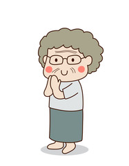 Buddhist elderly woman standing and paying respect to the Buddha vector illustration. Isolated on white background.