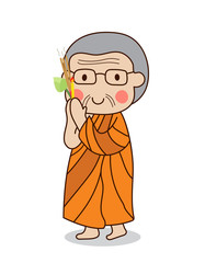 Buddhist monk walking with lighted candles in hand around a temple to pay respect to the Triple Refuges (Buddha, Dhamma, Sangha) vector illustration. Isolated on white background.