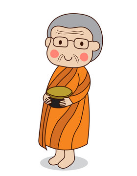 Buddhist monk holding silver buddhist alms bowl in his hand to receive food offering vector illustration. Isolated on white background.
