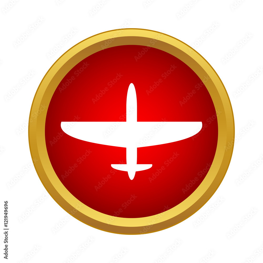 Poster airplane icon in simple style in red circle. flight symbol