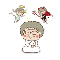 An elder female meditating. Angel and devil.