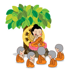 Lord Buddha's first sermon surrounded by the first five disciples of the Buddha vector illustration.  Isolated on white background.