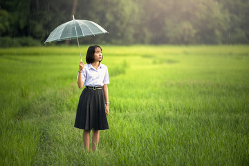 Girl under an umbrella in the rain