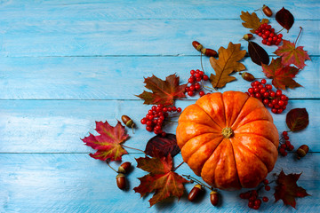 Thanksgiving background with ripe pumpkin on blue wooden table