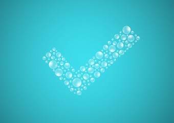 water drops on blue background, check symbol