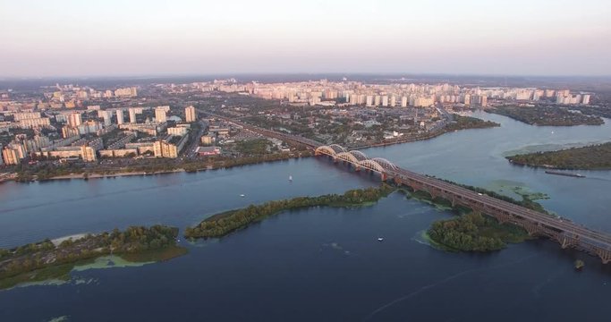 Flying Sunset And Bridge On River