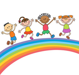 Kids jumping with joy on a hill under rainbow, colorful cartoon