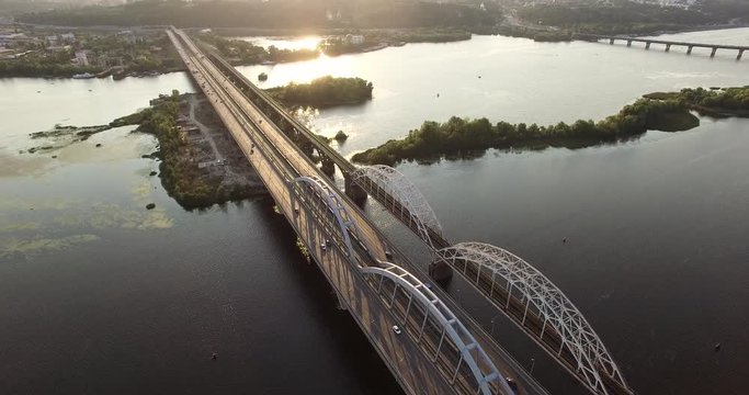 Flying Sunset And Bridge On River